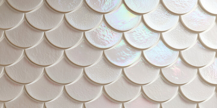 Pearl white ceramic fish scale tile with iridescent glossy finish.
