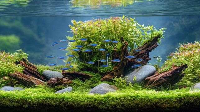 Serene aquascape in a glass tank: thriving plants, mossy wood, stone accents, and a school of blue neon tetras in tranquil ambiance