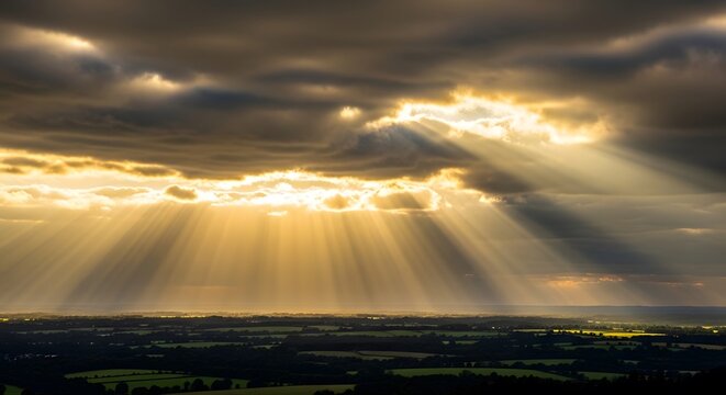 God rays shining through dramatic storm clouds above lush rural landscape with green fields and trees at sunset creating golden light beams .