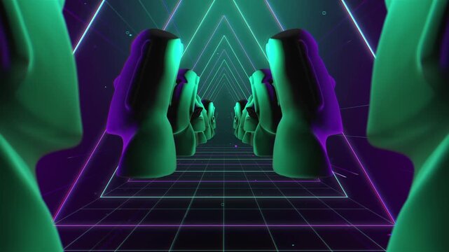Endless tunnel of monolithic Moai statues leading towards a blinding golden light. A mystical, seamless VJ loop for stage and screen backdrops