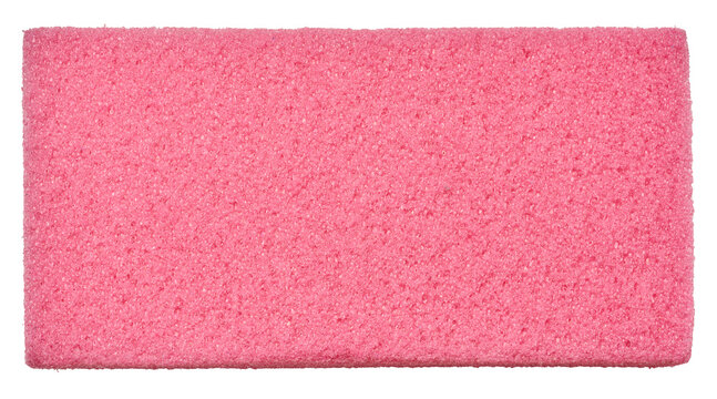 Pink rectangular pumice stone with a porous texture on an isolated background, designed for cosmetic care of the skin of the feet, removing dead skin cells