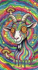 Fototapeta premium Psychedelic Rainbow Goat Illustration with Melting Colors and Swirling Eyes, Surrounded by Whimsical Mushrooms and Peace Symbols in a Vibrant, Trippy Dreamscape
