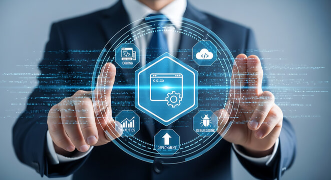 software developer interacting with futuristic interface showing coding analytics debugging deployment icons