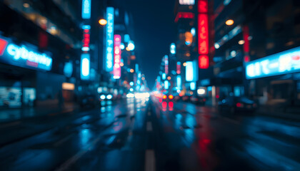 Obraz premium Blurred Cyberpunk City with Neon Lights Atmospheric Gaming Background