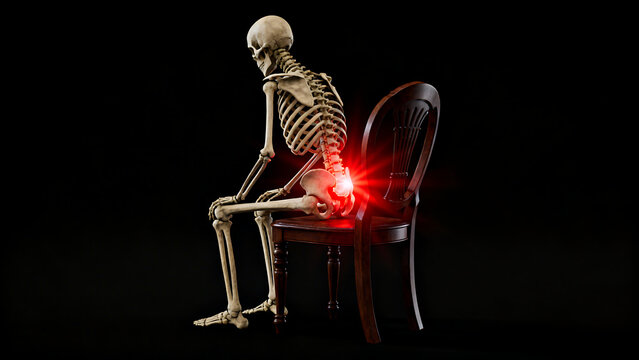Human skeleton model sitting on chair with hip pain highlighted in red, isolated on transparent background