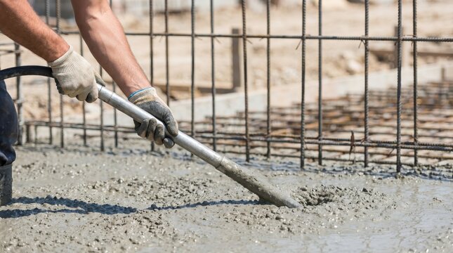Construction worker using concrete vibrator to remove air bubbles from foundation