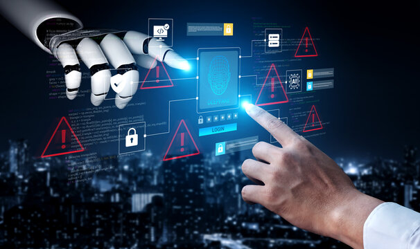 A human hand reaches towards a robotic hand in a high-tech environment while data security elements and digital alerts are displayed, showcasing advanced technology and interaction. Ledger