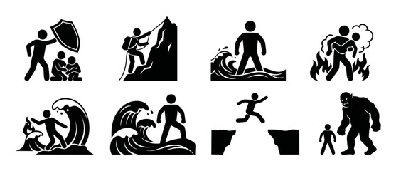 Obraz premium Hero Action Icons Set, Silhouette Figures Facing Challenges, Dangers and Adventure Concepts for Infographics, Risk Management, Rescue Missions and Overcoming Obstacles, Black and White Vector Symbols