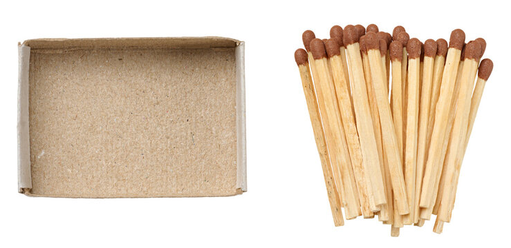 An empty open brown cardboard box and a scattering of new wooden matches with brown sulfur heads