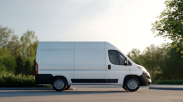 White delivery van parked outdoors on a paved surface with green trees and bushes in the background under a bright sky, ideal for transport concepts