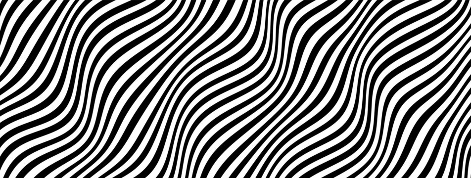 Black swirly op with wave white psychedelic and art optical illusion. Hypnotic line stripe with wavy pattern lenticular and effect lattice lines. Pulse drawing sound with zigzag ripple flowing.
