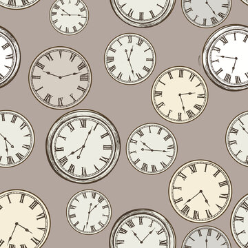 Time seamless pattern. Hand drawn sketch in retro style clock  background design for fabric and decor Vintage watches background.