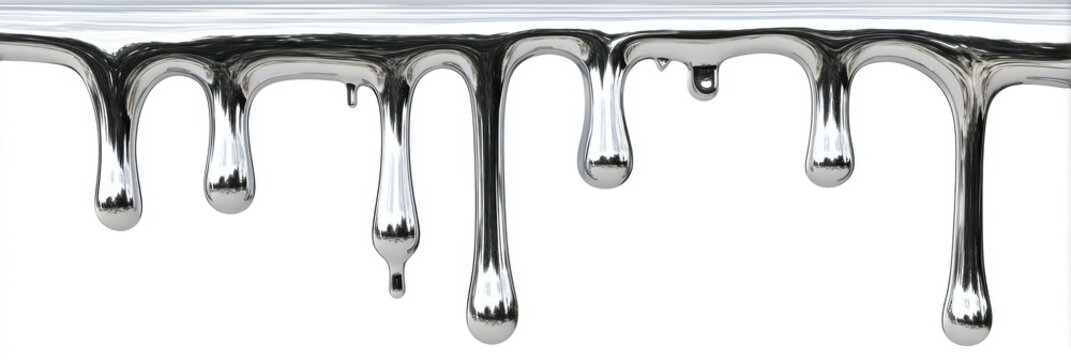 Dripping chrome metal background. Melting metallic fluid drops