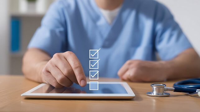 Medical professional review digital checklist on a modern tablet device, focusing on health records and patient data management in clinic or office