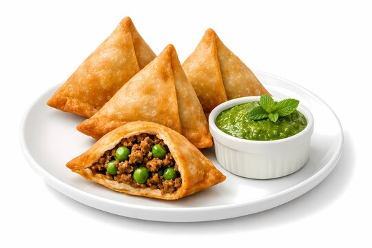 Savory samosas with fresh mint chutney dip appetizer triangle traditional condiment garnished restaurant snacking delicious