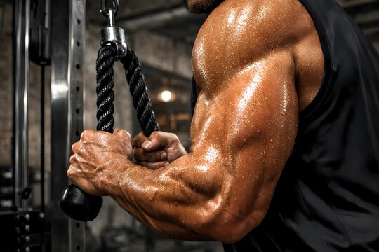 Muscular man performing triceps pushdowns exercise in gym with training bodybuilding strength exercise weightlifting athletic