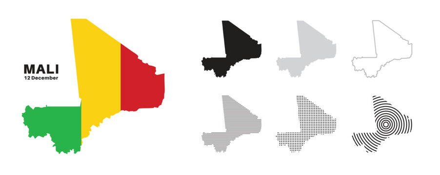 Set of isolated mali maps. mali flag overlaid with flag proportions. Maps and traveling around the world