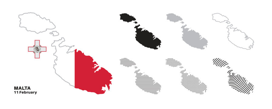 Set of isolated malta maps. malta flag overlaid with flag proportions. Maps and traveling around the world