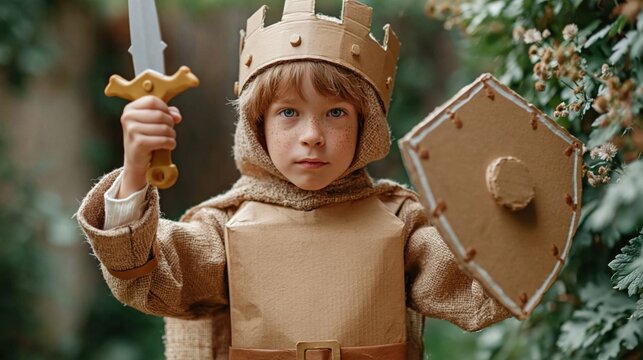 Young boy dressed as a knight in a handmade cardboard costume with sword and shield