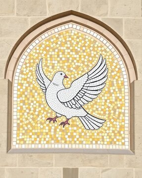 Intricate tesserae artwork depicting a dove in flight against a yellow background