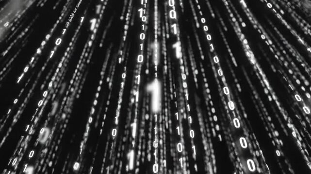 This captures a stunning visual representation of binary code in motion, creating a sense of dynamism and innovation in a futuristic digital landscape.