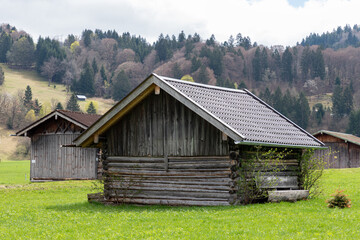 Obraz premium Traditional Wooden Alpine Barn in Spring Meadow