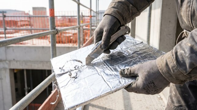 Construction worker using a utility knife to cut reflective foil insulation board at building site