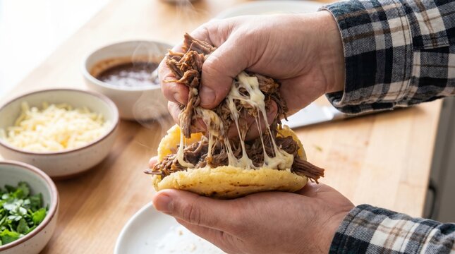 Hands stuffing a warm sliced arepa with shredded beef and melting stretchy white cheese