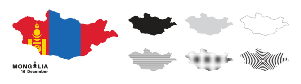 Set of isolated mongolia maps. mongolia flag overlaid with flag proportions. Maps and traveling around the world