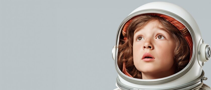 Curious child in retro astronaut helmet gazes upwards with wonder and awe