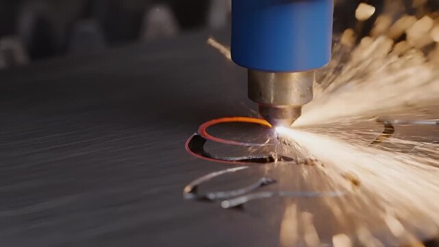 Closeup of Industrial Plasma Cutter Machine Working on Metal Surface.