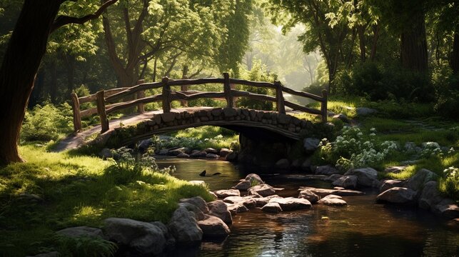 A photo of a small bridge over a creek