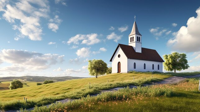 A photo of a small church in the countryside.