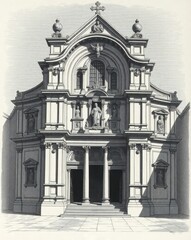 Obraz premium Renaissance church front with Corinthian portal, saintly niches, and triangular pediment