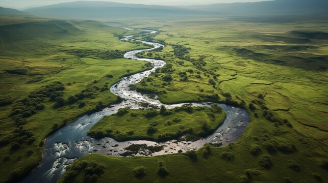 A photo of a small stream meandering through fields.