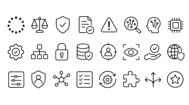Eu Ai Act Compliance Regulation Icons - 24 UI Vector Icons for Web and Mobile