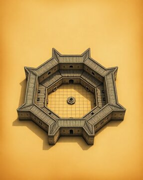 Antique aerial view of a hexagonal military fort with arched gates and bastions