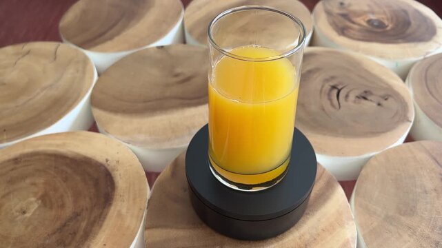 Vaso de zumo de naranja girando en base giratoria