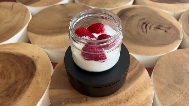 Tarro de yogur con fresas girando en base giratoria
