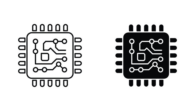 Microchip icon outline and solid black version representing technology and computing vector graphic