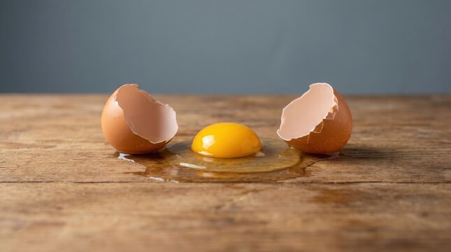 Fresh brown egg cracked open on a rustic wooden kitchen table surface with a vibrant golden yolk surrounded by clear egg white liquid for culinary cooking ingredients and healthy breakfast concepts