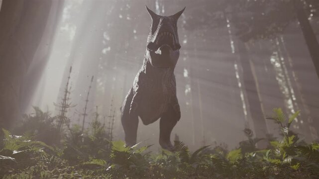 Close-up of a fearsome roaring Carnotaurus dinosaur with a wide-open maw, showing sharp teeth and horns. Detailed scaly skin texture against a dark, atmospheric prehistoric jungle background
