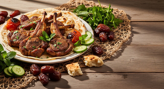 Grilled Lamb Chops Rack on White Plate with Flatbread Dates Cucumber Cherry Tomatoes and Fresh Mint on Rustic Wood