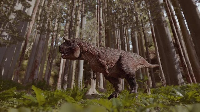 Close-up of a fearsome roaring Carnotaurus dinosaur with a wide-open maw, showing sharp teeth and horns. Detailed scaly skin texture against a dark, atmospheric prehistoric jungle background