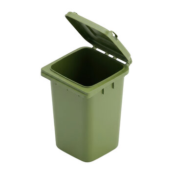 Green plastic trash can with lid.