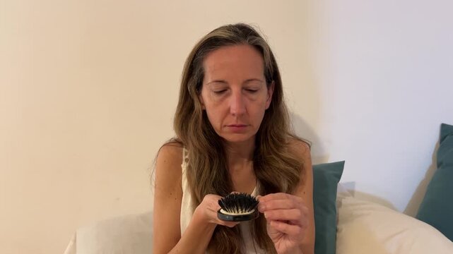 Mujer cepill&aacute;ndose y comprobando ca&iacute;da de cabello por menopausia