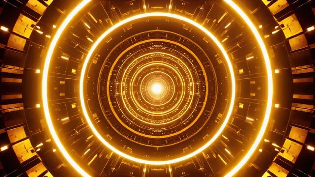 Golden futuristic circular light tunnel with glowing rings forming abstract technology wallpaper background