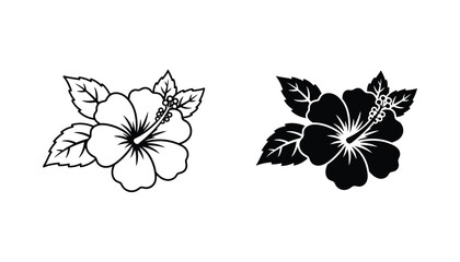 Hibiscus flower botanical vector icon set in outline and solid styles for tropical and summer design © TARU