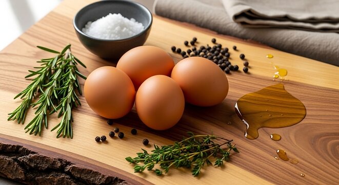 Four brown eggs with herbs spices salt and olive oil on a wooden cutting board ready for cooking
