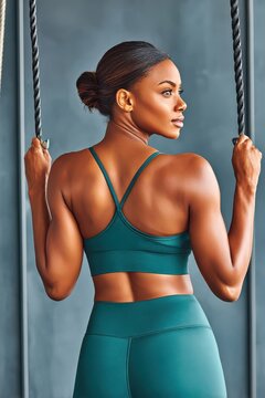 Fit woman holding suspension ropes in gym showing toned back muscles and confident posture